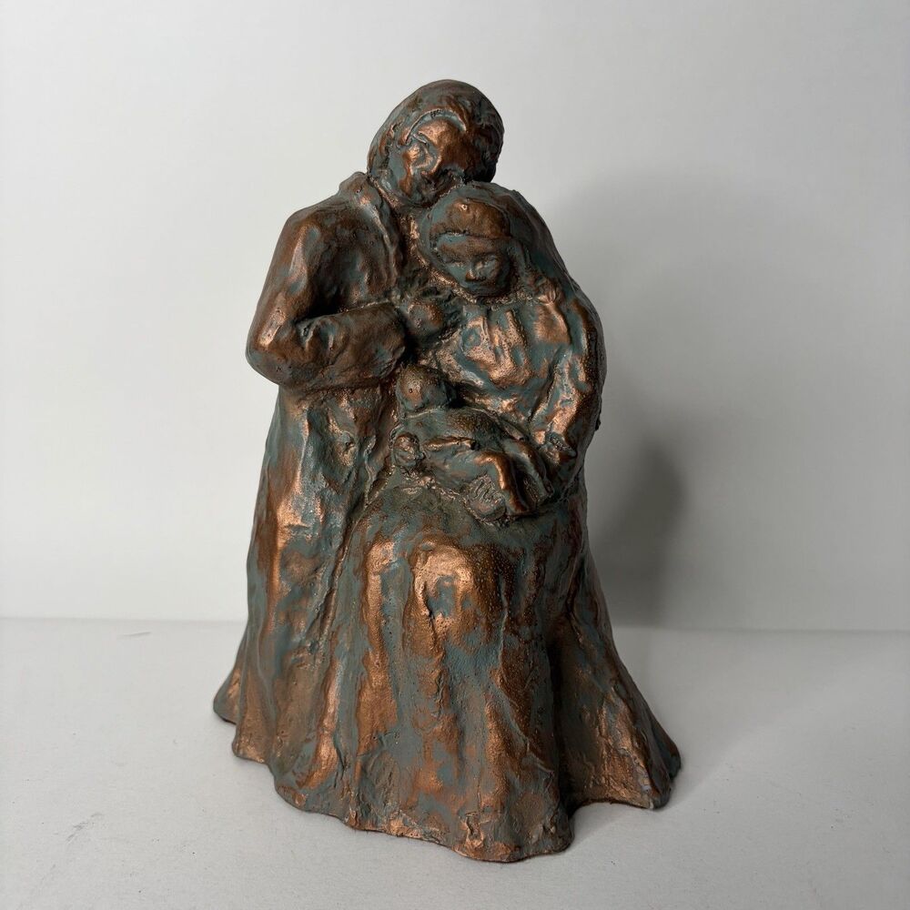 Metal Sculpture Figure Embracing Mother Father Baby 7"  Copper Tone Very Heavy